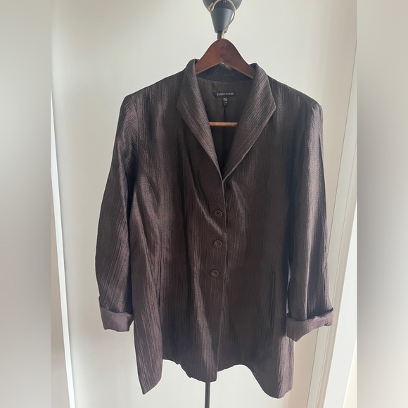 Eileen Fisher Women Silk Jacket Blazer Coat Brown Textured Silk Lined $299 Med - Picture 3 of 12